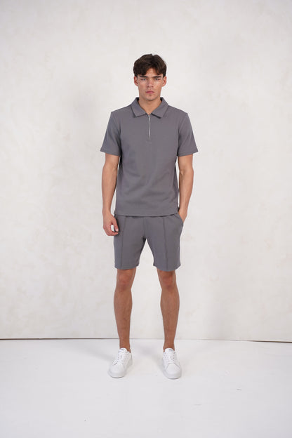 Capo Textured Zip Up Polo Shirt - Grey