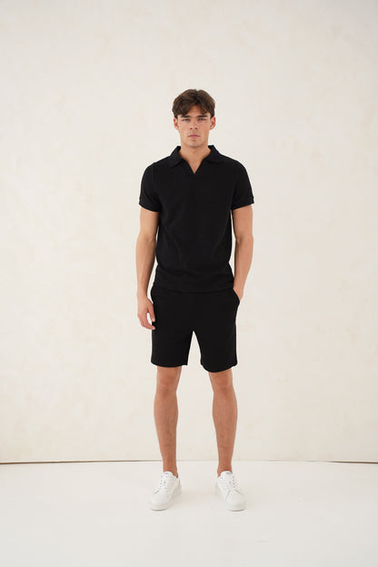 Capo Jersey Slub Cuban Polo Shirt - Black