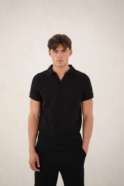 Capo Jersey Slub Cuban Polo Shirt - Black