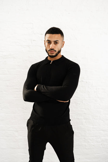 Capo Egyptian Cotton LS Zip Polo Shirt - Black